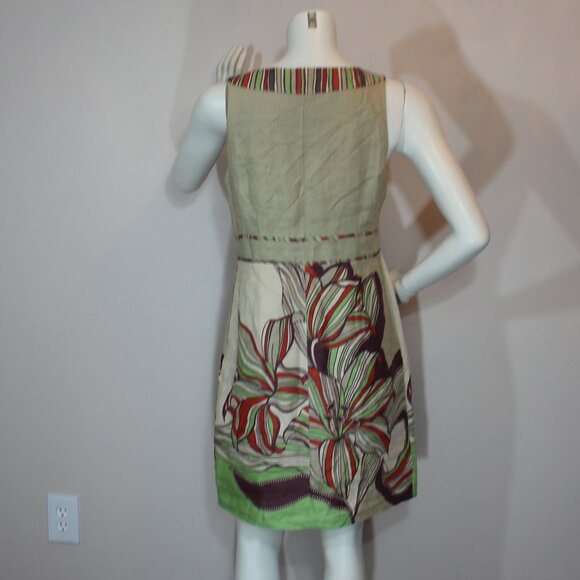 Rene Derhy beige   floral linen blend lined sleeveless side zip dress size Large - Picture 4 of 8